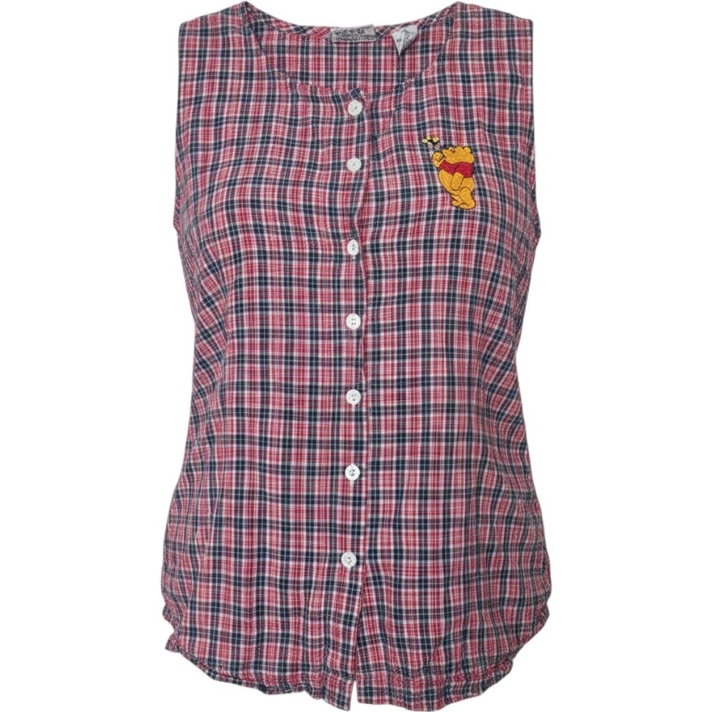 Pooh Top Women L Red Plaid Winnie the Pooh Sleeveless Button Down Vintage Disney